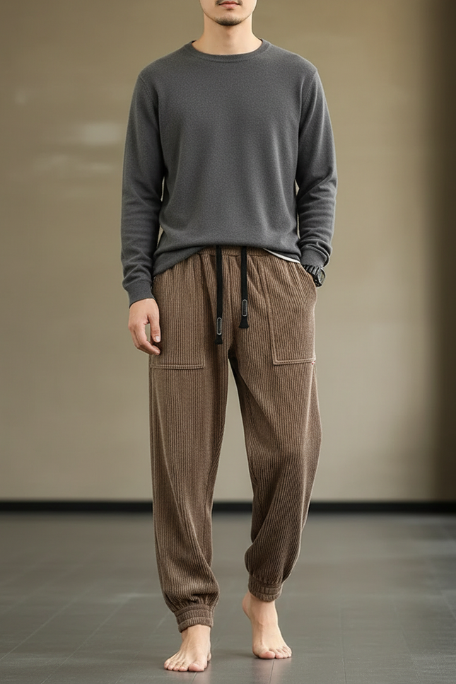 Pantalon Marron Côtelé Ample Jogger Décontracté Homme - Cordé
