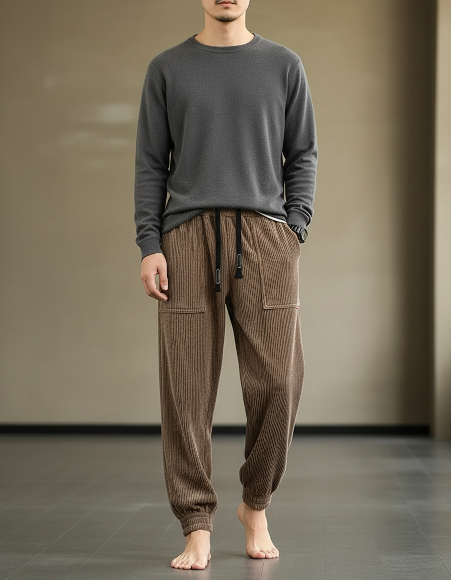 Pantalon Marron Côtelé Ample Jogger Décontracté Homme - Cordé