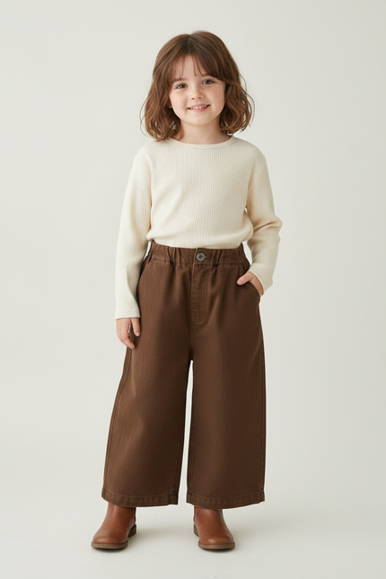 Pantalon Marron Ample Coton Décontracté Fille