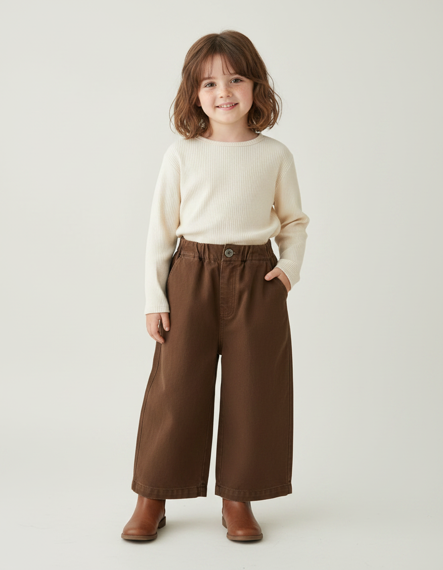 Pantalon Marron Ample Coton Décontracté Fille