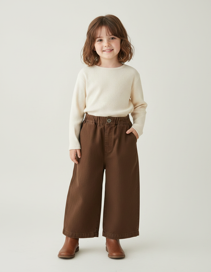 Pantalon Marron Ample Coton Décontracté Fille