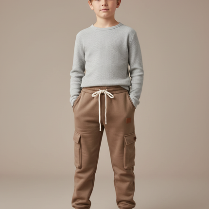 Pantalon Marron Cargo Molletonné Ample Enfant Décontracté