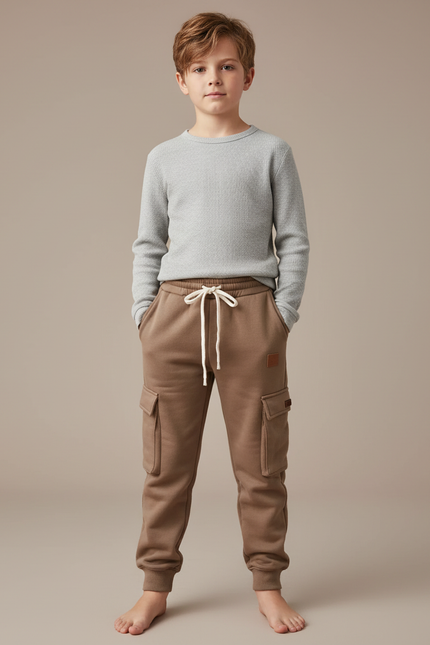 Pantalon Marron Cargo Molletonné Ample Enfant Décontracté