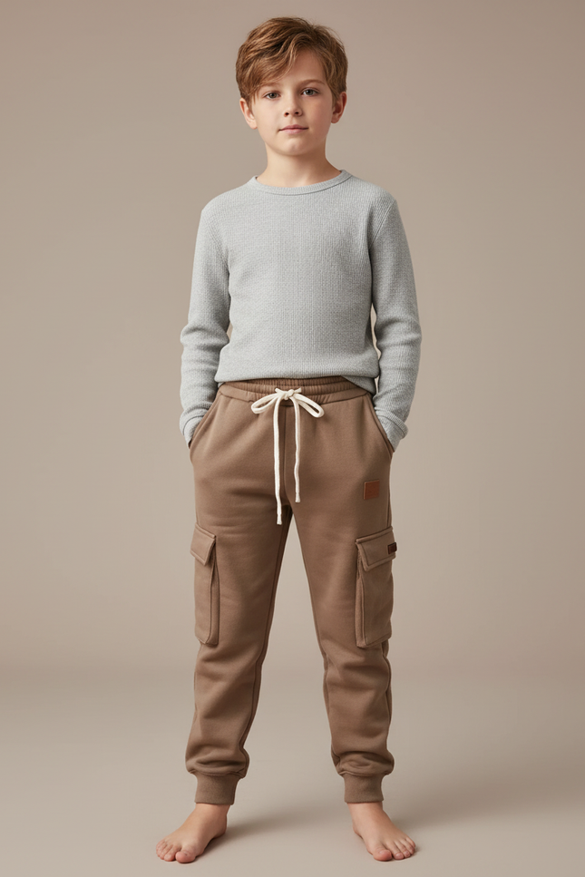 Pantalon Marron Cargo Molletonné Ample Enfant Décontracté