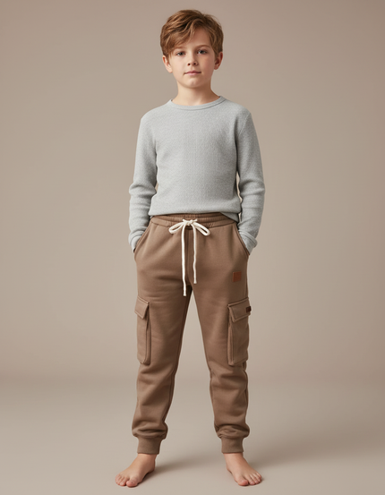 Pantalon Marron Cargo Molletonné Ample Enfant Décontracté