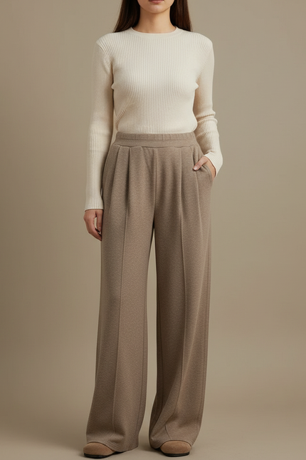 Pantalon Marron Ample Plissé Taille Haute Épais - Laine
