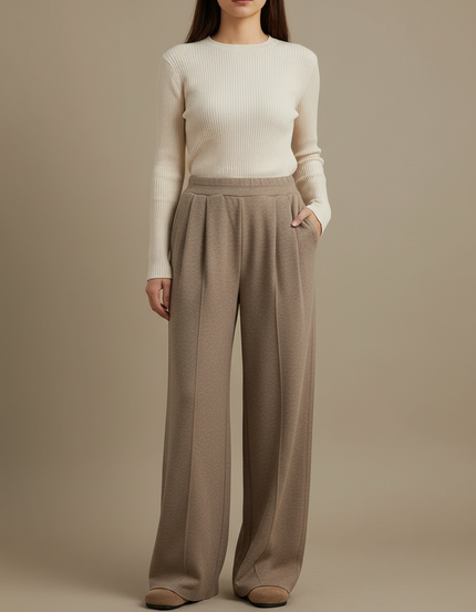 Pantalon Marron Ample Plissé Taille Haute Épais - Laine