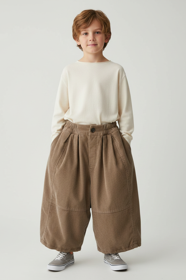 Pantalon Marron Ample Côtelé Plissé Décontracté Enfant - Cordé