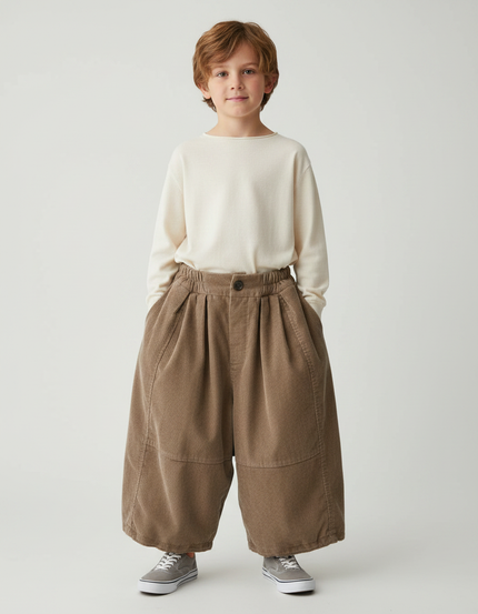 Pantalon Marron Ample Côtelé Plissé Décontracté Enfant - Cordé