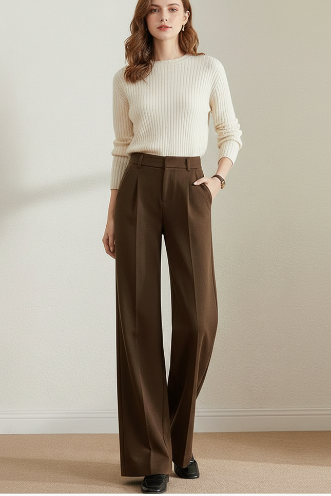Pantalon Marron Laine Ample Plissé Élégant Femme