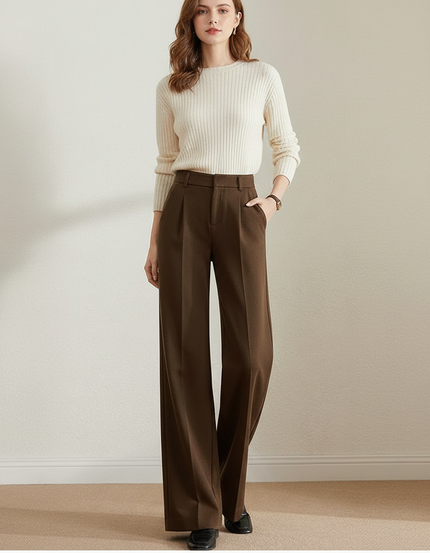 Pantalon Marron Laine Ample Plissé Élégant Femme