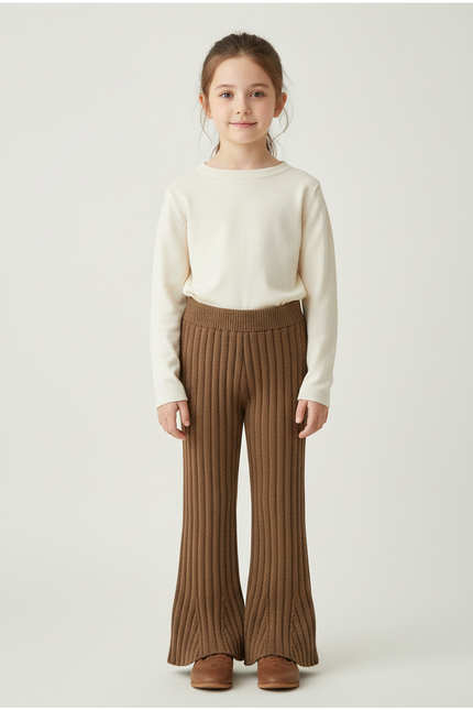 Pantalon Marron Côtelé Évasé Tricoté Confortable Enfant - Maille