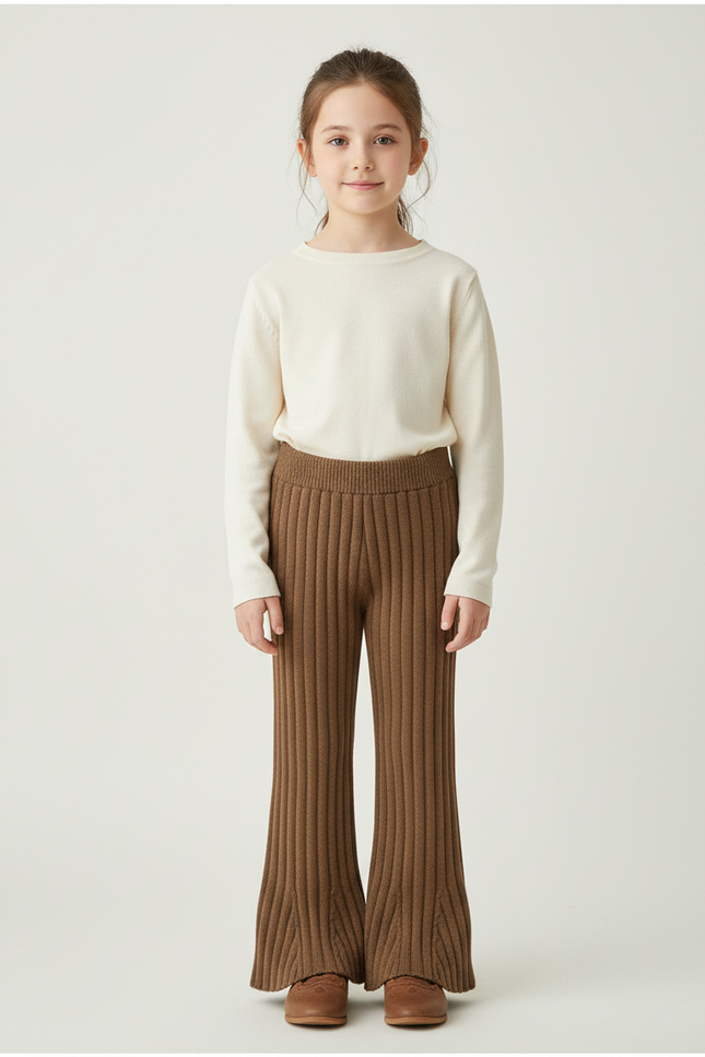 Pantalon Marron Côtelé Évasé Tricoté Confortable Enfant - Maille