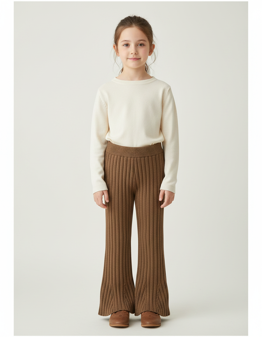 Pantalon Marron Côtelé Évasé Tricoté Confortable Enfant - Maille