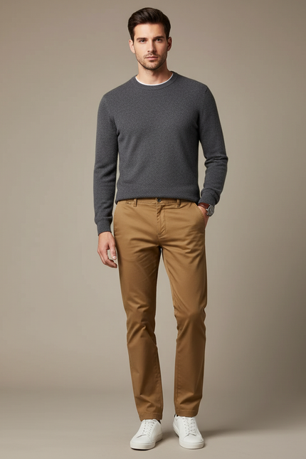 Pantalon Marron Chino Coton Droit Élégant Homme