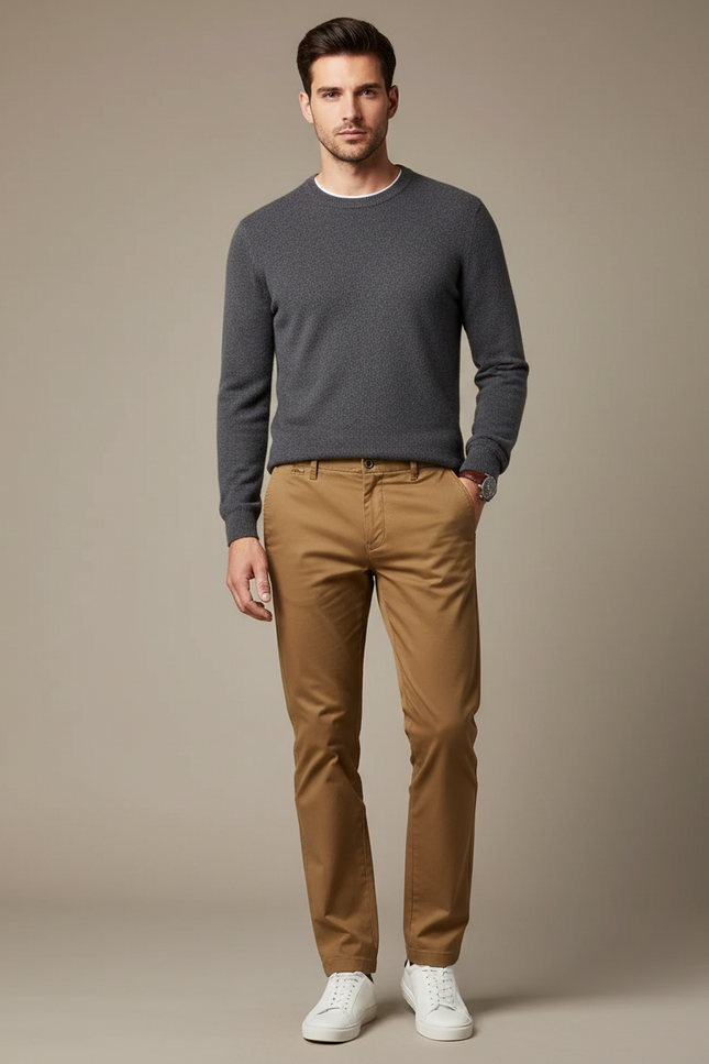 Pantalon Marron Chino Coton Droit Élégant Homme