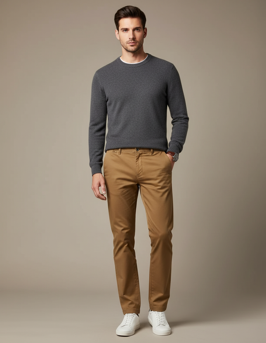 Pantalon Marron Chino Coton Droit Élégant Homme