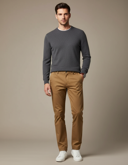 Pantalon Marron Chino Coton Droit Élégant Homme