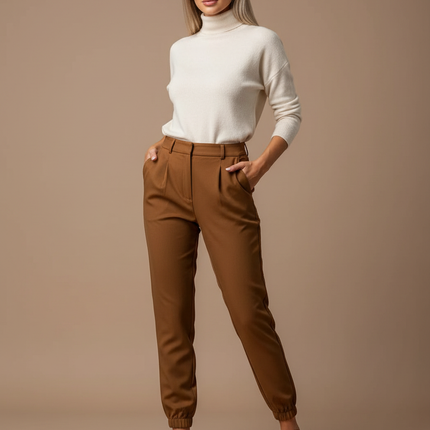 Pantalon Marron Taille Haute Cintrée Décontracté Femme - Gabardine