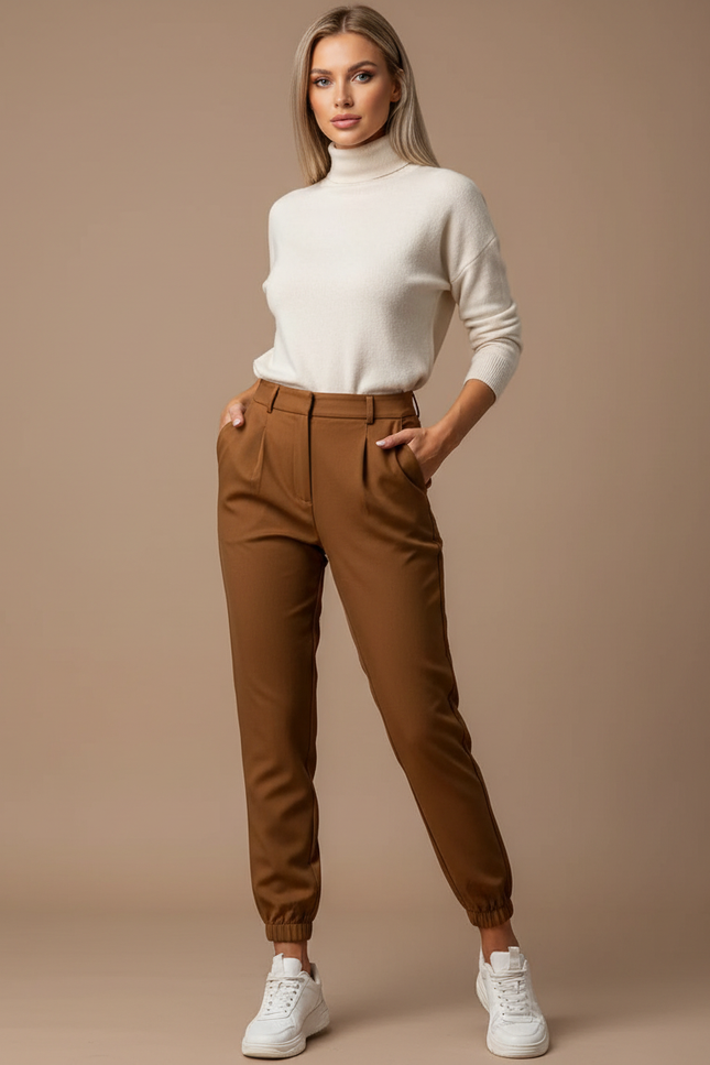 Pantalon Marron Taille Haute Cintrée Décontracté Femme - Gabardine