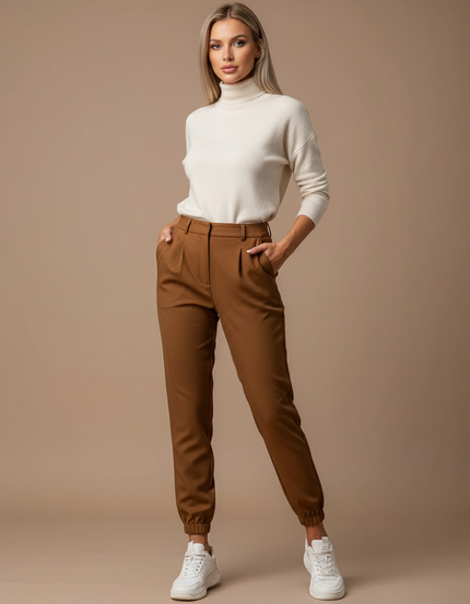Pantalon Marron Taille Haute Cintrée Décontracté Femme - Gabardine