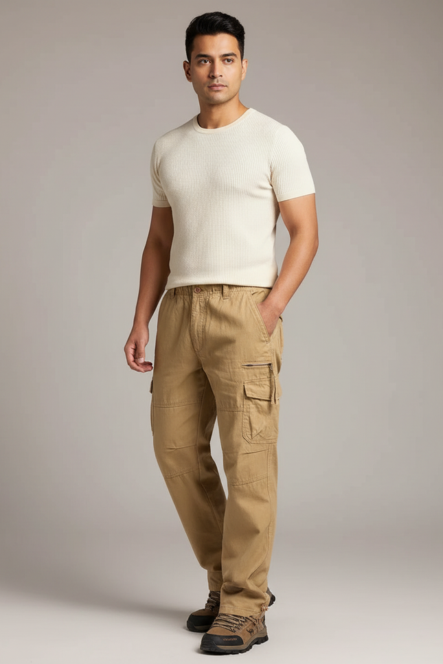 Pantalon Marron Cargo Coton Décontracté Multipoches Homme - Kaki