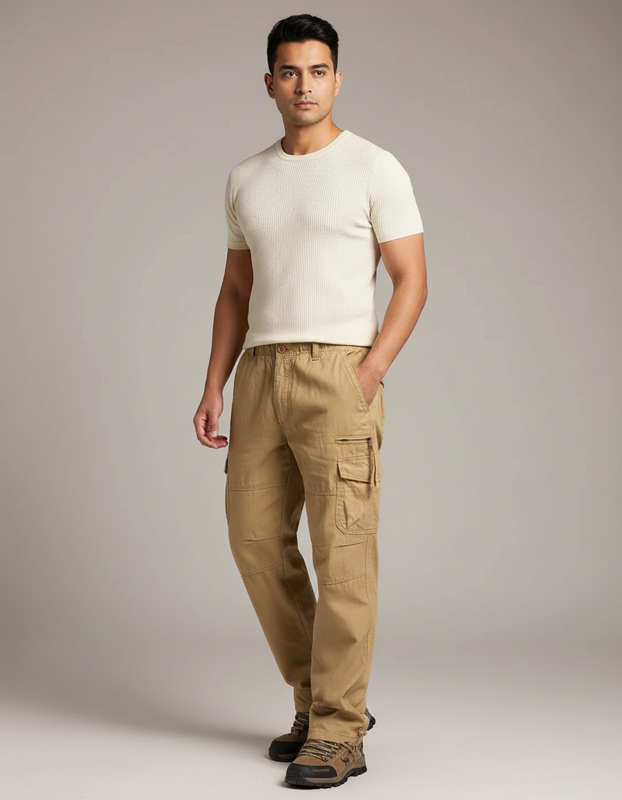 Pantalon Marron Cargo Coton Décontracté Multipoches Homme - Kaki