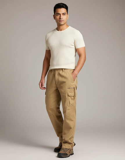Pantalon Marron Cargo Coton Décontracté Multipoches Homme - Kaki