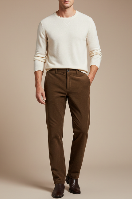 Pantalon Marron Côtelé Droit Classique Homme Confortable - Cordé