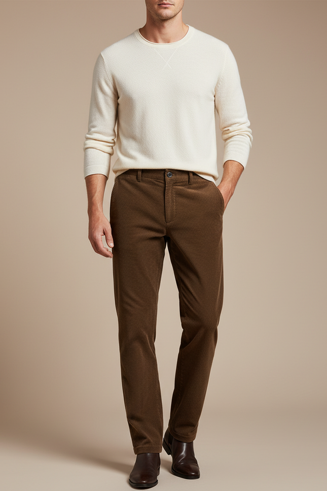 Pantalon Marron Côtelé Droit Classique Homme Confortable - Cordé