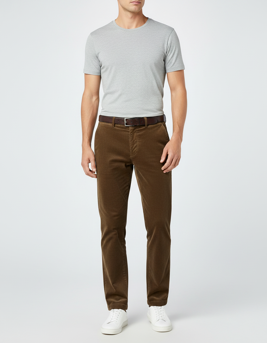 Pantalon Marron Côtelé Droit Homme Décontracté - Cordé
