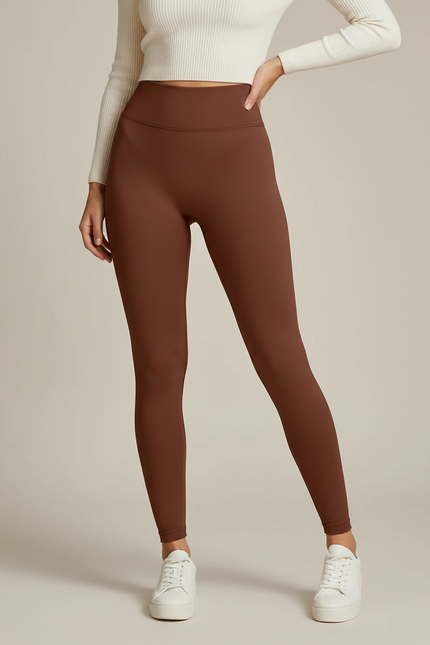 Pantalon Marron Taille Haute Élastique Yoga Fitness Femme - Polyester