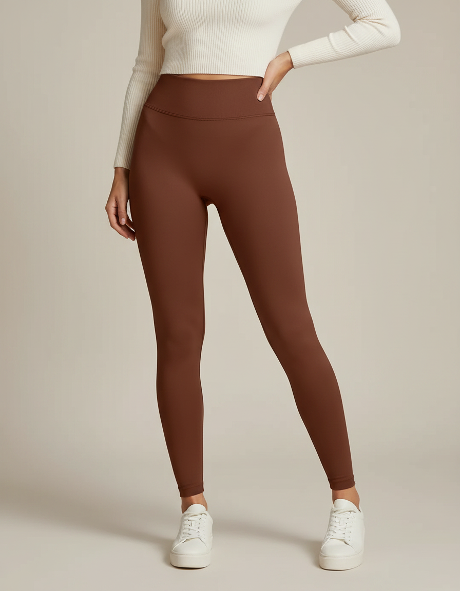 Pantalon Marron Taille Haute Élastique Yoga Fitness Femme - Polyester