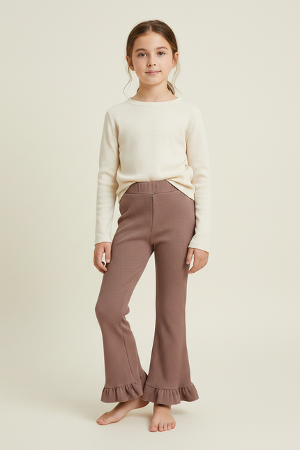 Pantalon Marron Fille Côtelé Évasé Volants Tricoté - Maille
