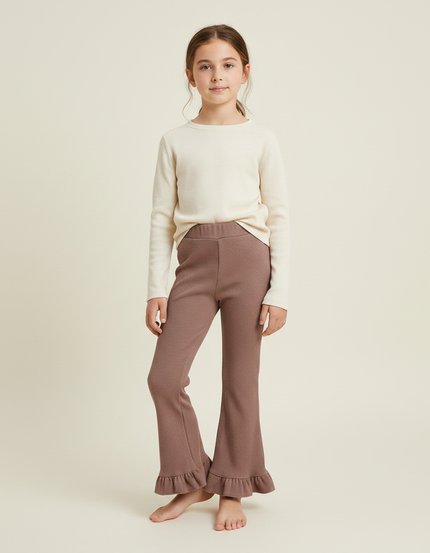 Pantalon Marron Fille Côtelé Évasé Volants Tricoté - Maille