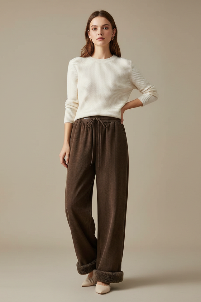 Pantalon Marron Côtelé Ample Doublé Chaud Femme - Cordé