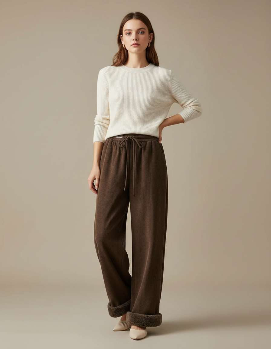 Pantalon Marron Côtelé Ample Doublé Chaud Femme - Cordé