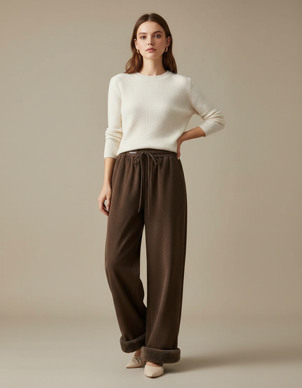 Pantalon Marron Côtelé Ample Doublé Chaud Femme - Cordé
