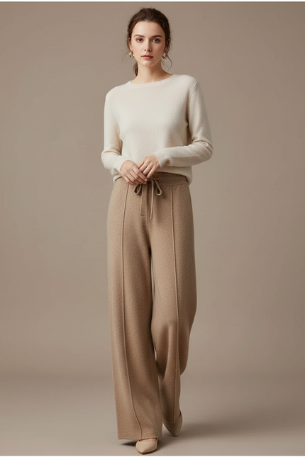 Pantalon Marron Tricoté Large Confortable Cachemire Femme - Camel Maille