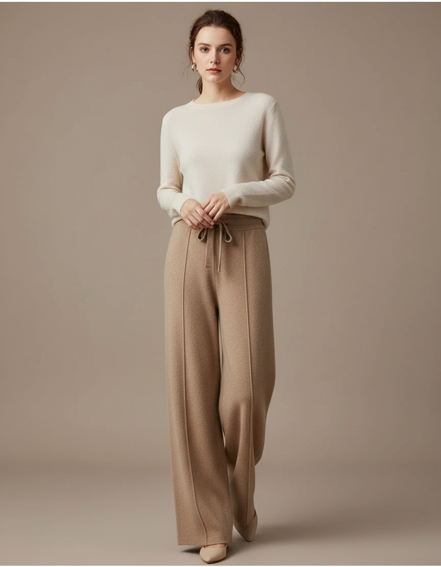 Pantalon Marron Tricoté Large Confortable Cachemire Femme - Camel Maille