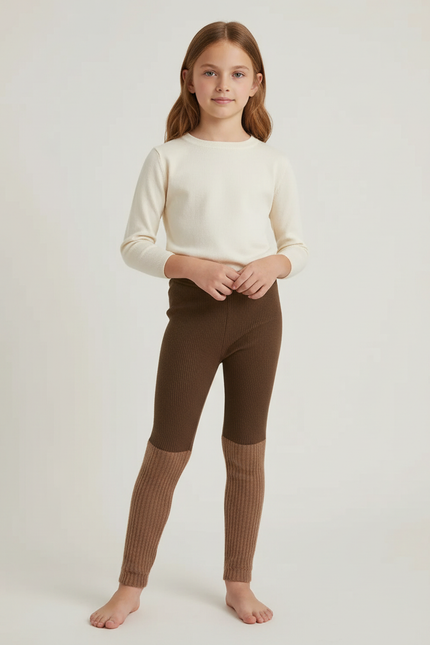Pantalon Marron Côtelé Bicolore Tricoté Chaud Enfant - Maille
