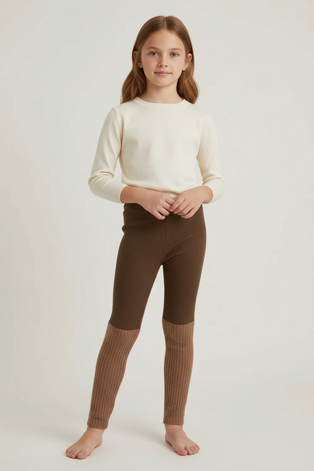 Pantalon Marron Côtelé Bicolore Tricoté Chaud Enfant - Maille