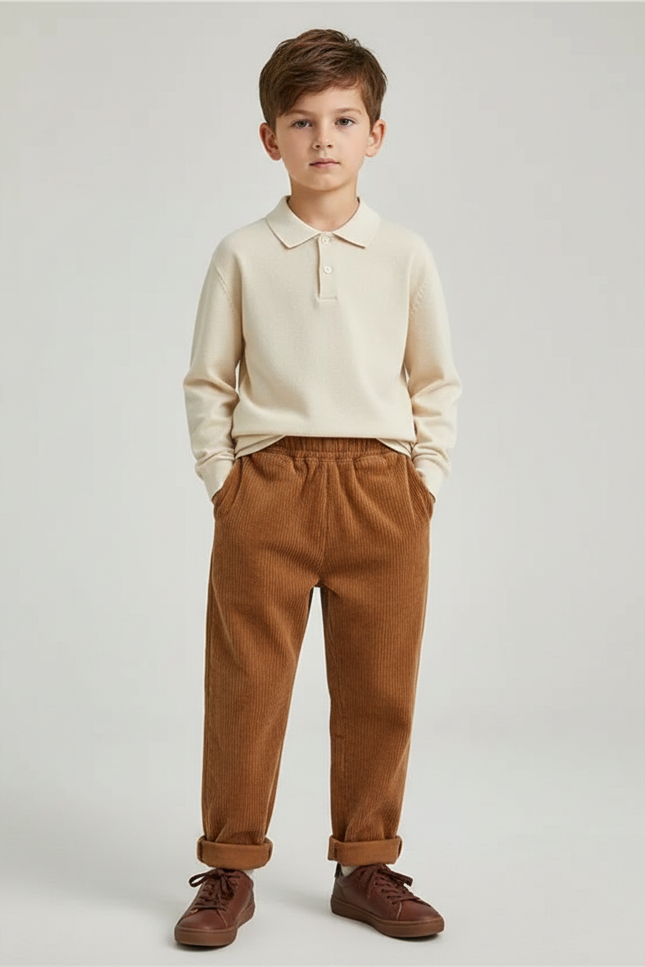Pantalon Marron Côtelé Ample Décontracté Enfant Élastique - Cordé