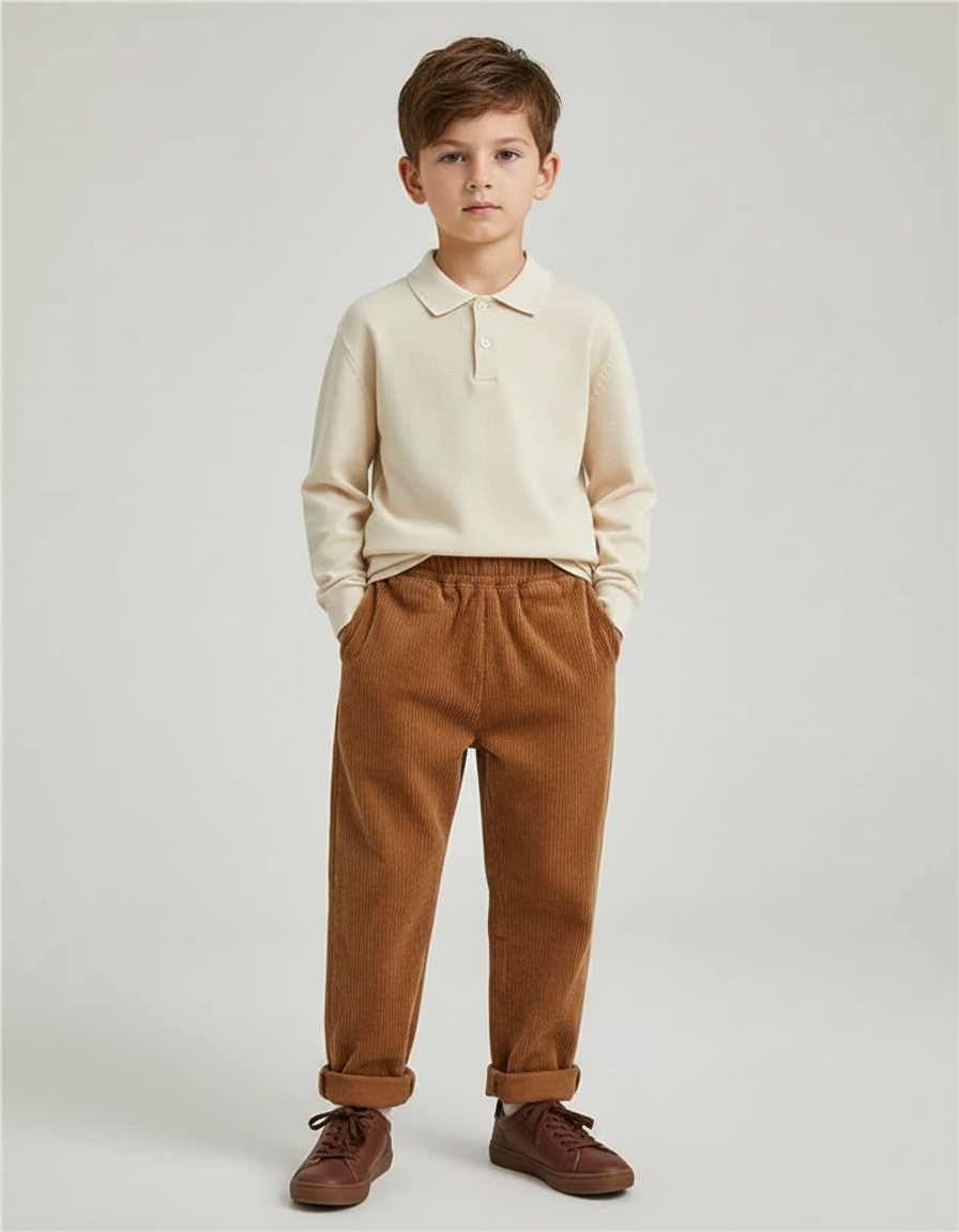 Pantalon Marron Côtelé Ample Décontracté Enfant Élastique - Cordé