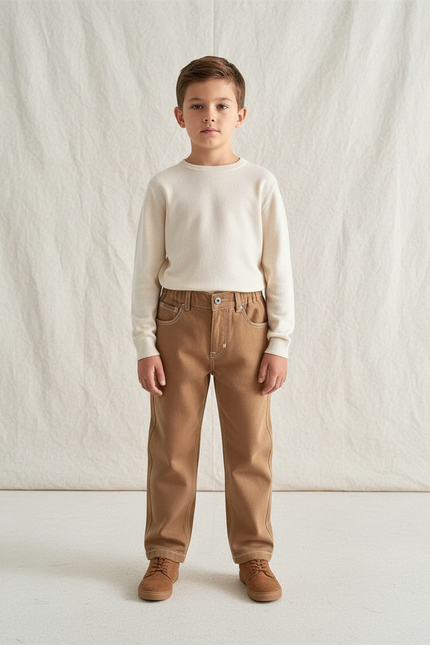 Pantalon Marron Droit Coton Confortable Enfant - Camel Toile