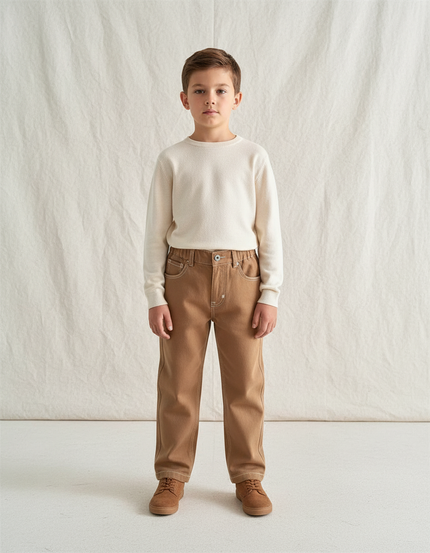 Pantalon Marron Droit Coton Confortable Enfant - Camel Toile