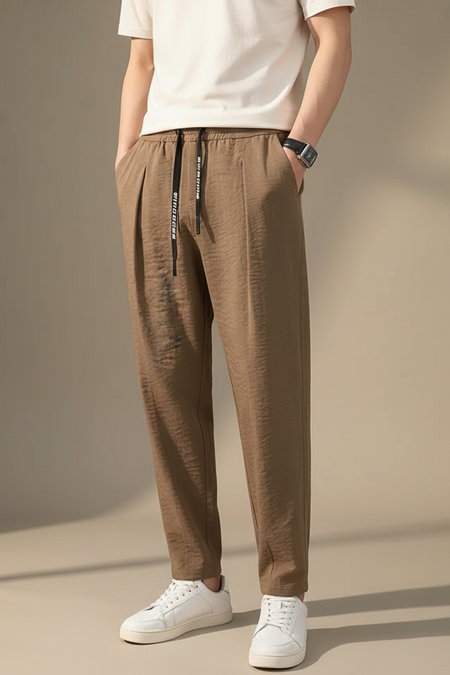 Pantalon Marron Lin Coton Ample Décontracté Léger Droit