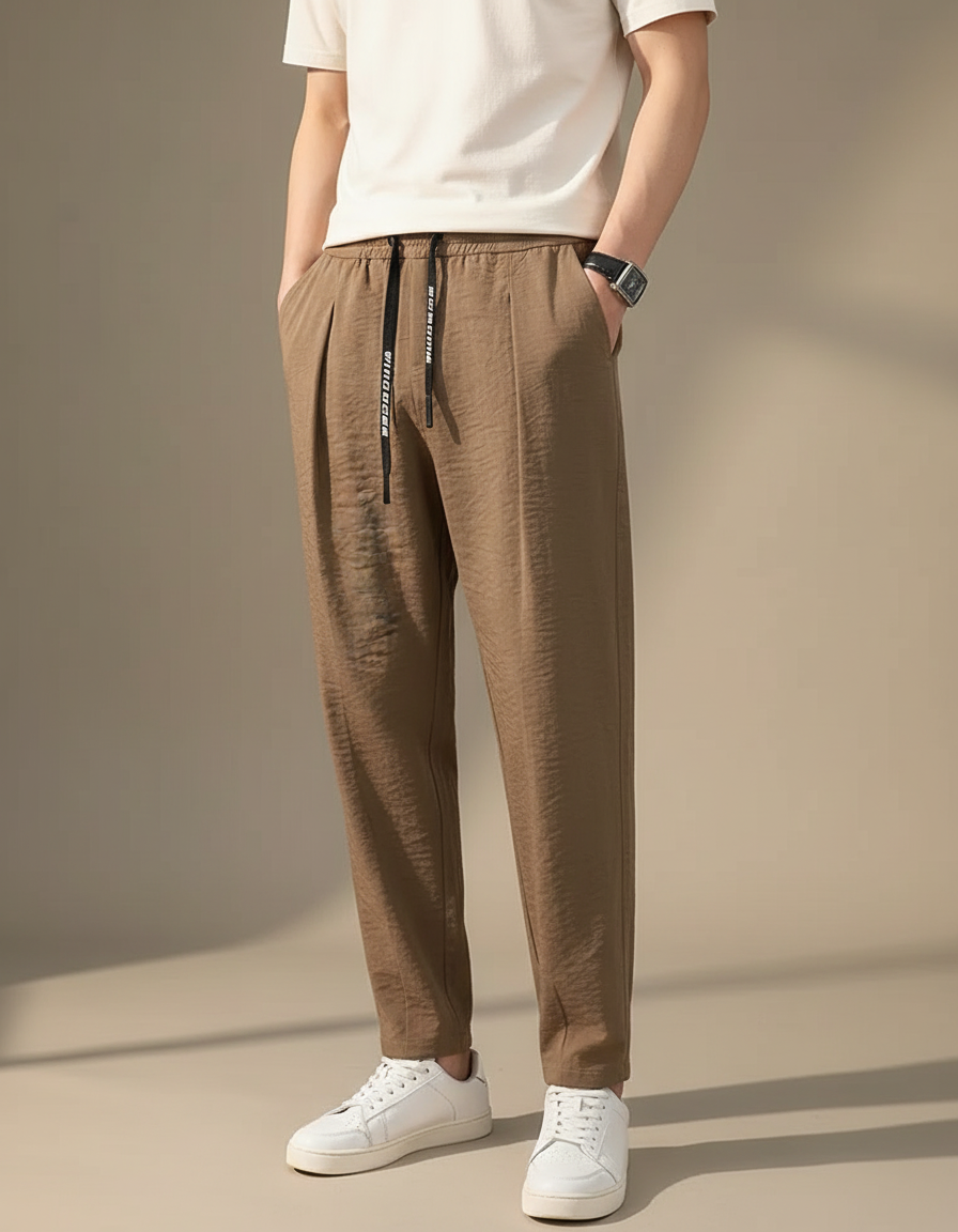 Pantalon Marron Lin Coton Ample Décontracté Léger Droit