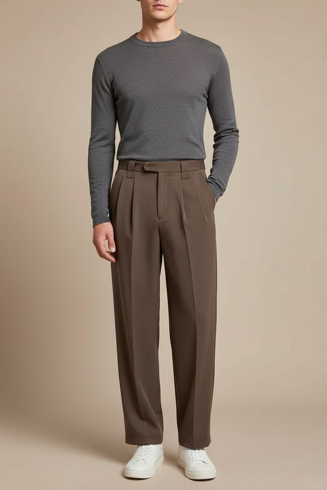 Pantalon Marron Plissé Ample Décontracté Élégant - Gabardine