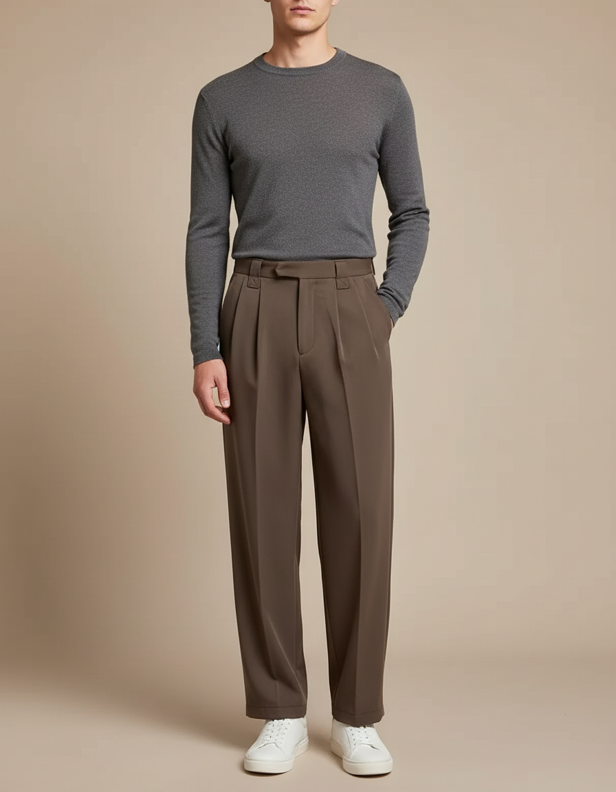 Pantalon Marron Plissé Ample Décontracté Élégant - Gabardine